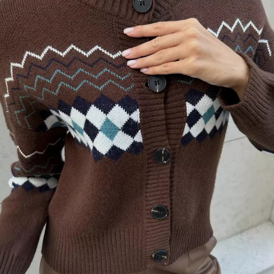 Brown patterned jacquard knitted cardigan sweater with regular sleeves for fashionable wear