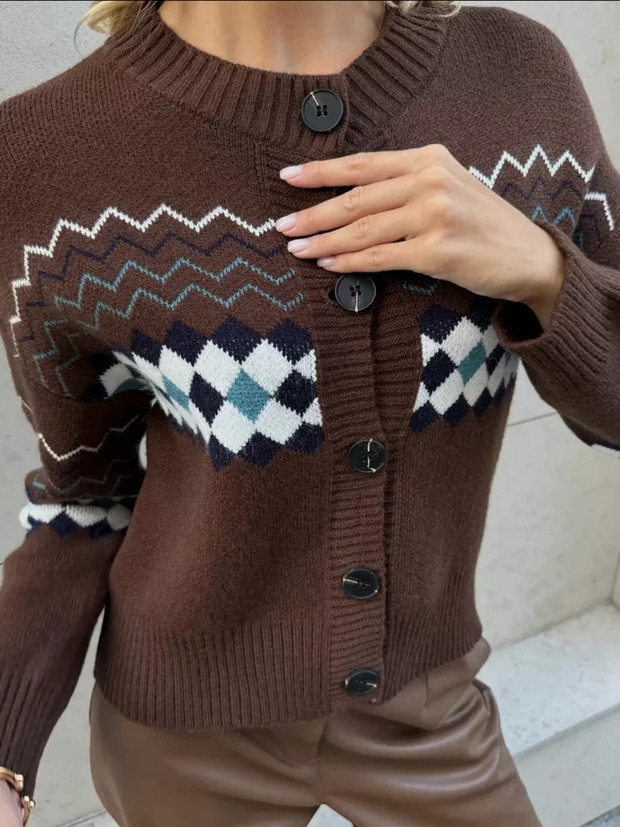 Brown patterned jacquard knitted cardigan sweater with regular sleeves for fashionable wear