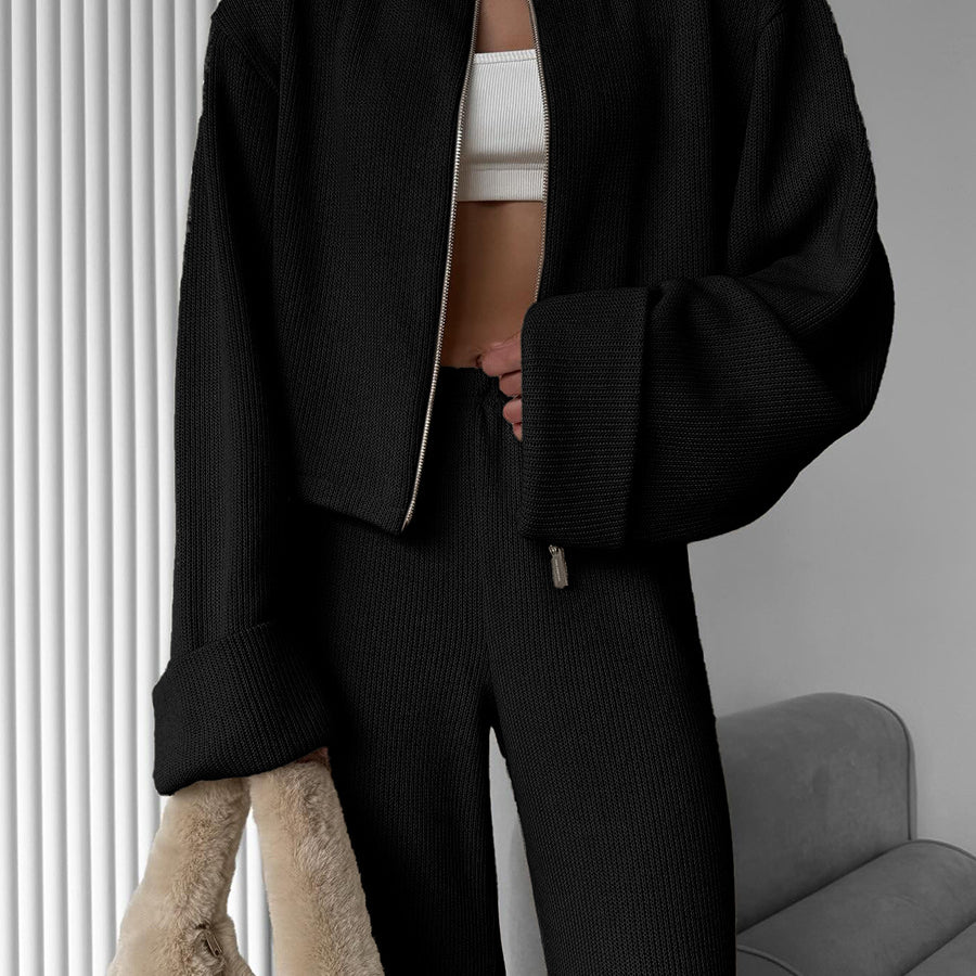 Black ribbed knit bomber jacket in Langry fashion ملابس