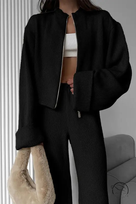 Black ribbed knit bomber jacket in enchanting langry fashion ملابس