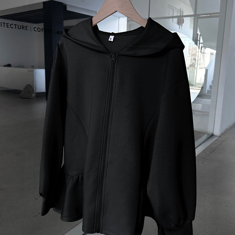 Black Hooded Zip-Up Jacket from Letian Ruffled Hooded Jacket in vetements winter collection
