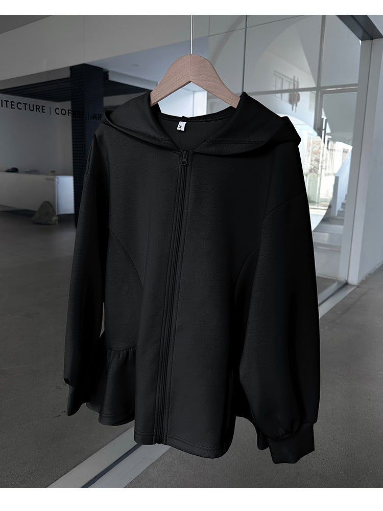 Black Hooded Zip-Up Jacket from Letian Ruffled Hooded Jacket in vetements winter collection