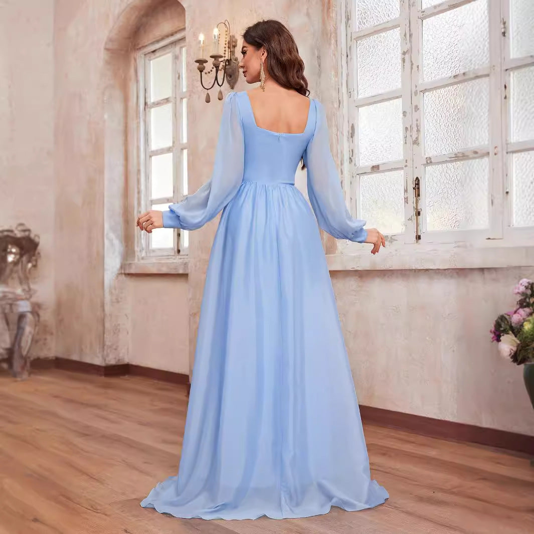 Light blue long-sleeve maxi dress with lantern sleeves and square neckline for spring summer women chiffon fashion