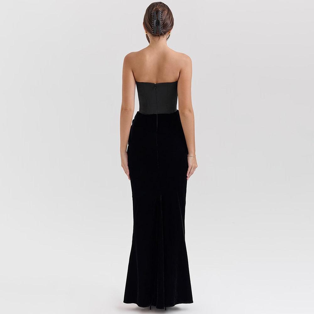 Elegant Tube Top Maxi Dress in black velvet, perfect for stylish evening fashion