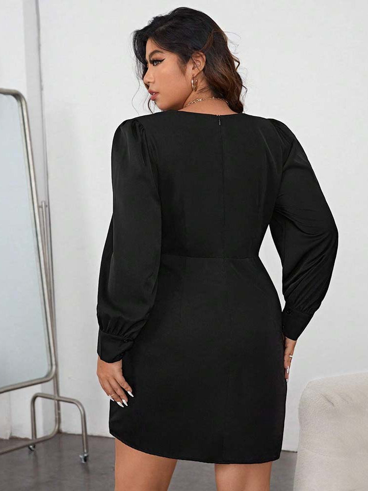 Plus-size woman in the Elegant Winter High Sense Dress, stylish winter high dress