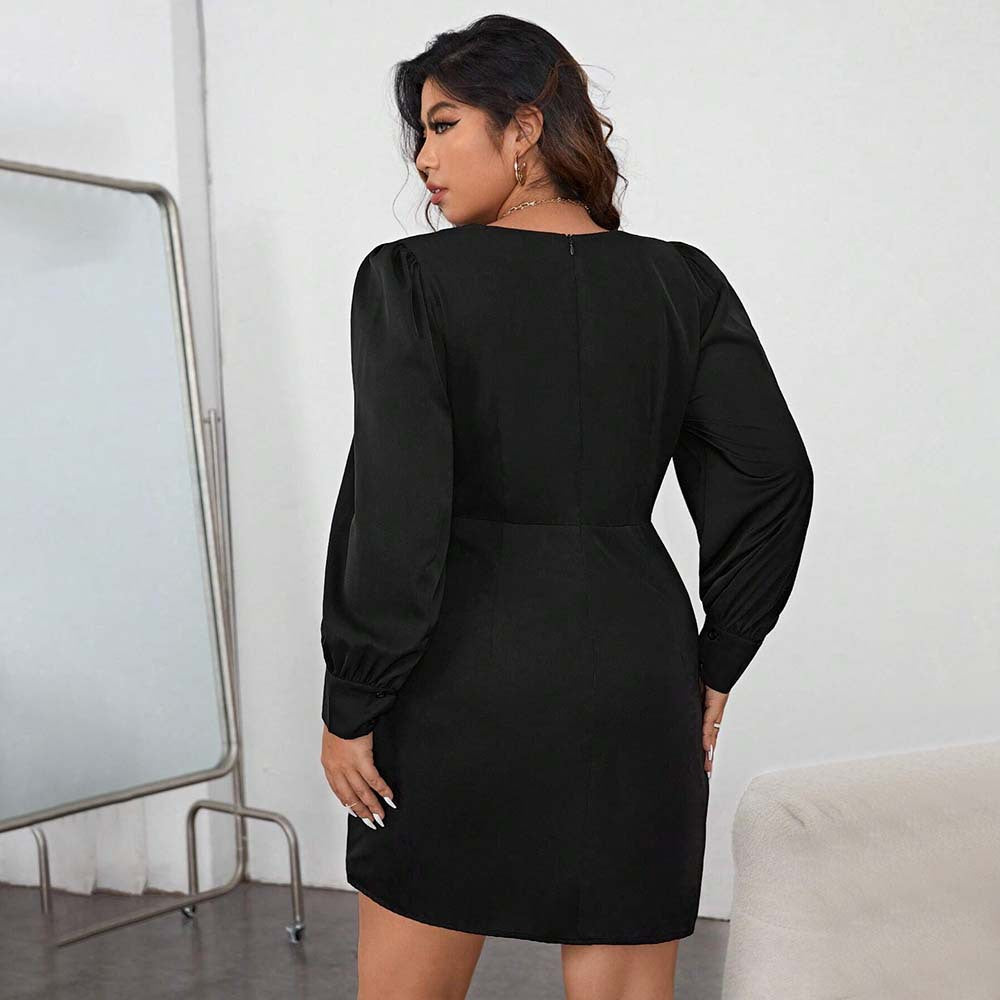 Plus-size woman in the Elegant Winter High Sense Dress, stylish winter high dress