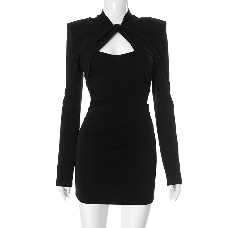 Black velvet mini dress with structured shoulders and keyhole cutout neckline for fashion