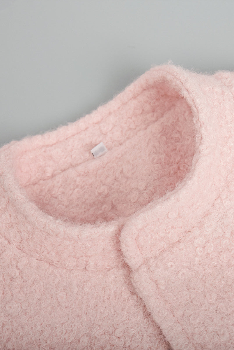 Pink short furry cardigan displayed as part of Pink Short Furry Coat collection