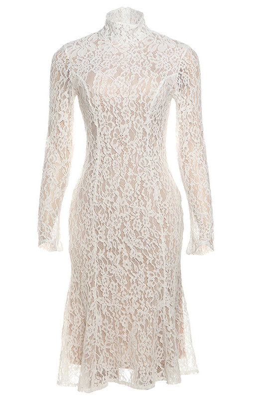 Elegant long-sleeved white lace dress from the French Lace Dress collection in fashion ملابس