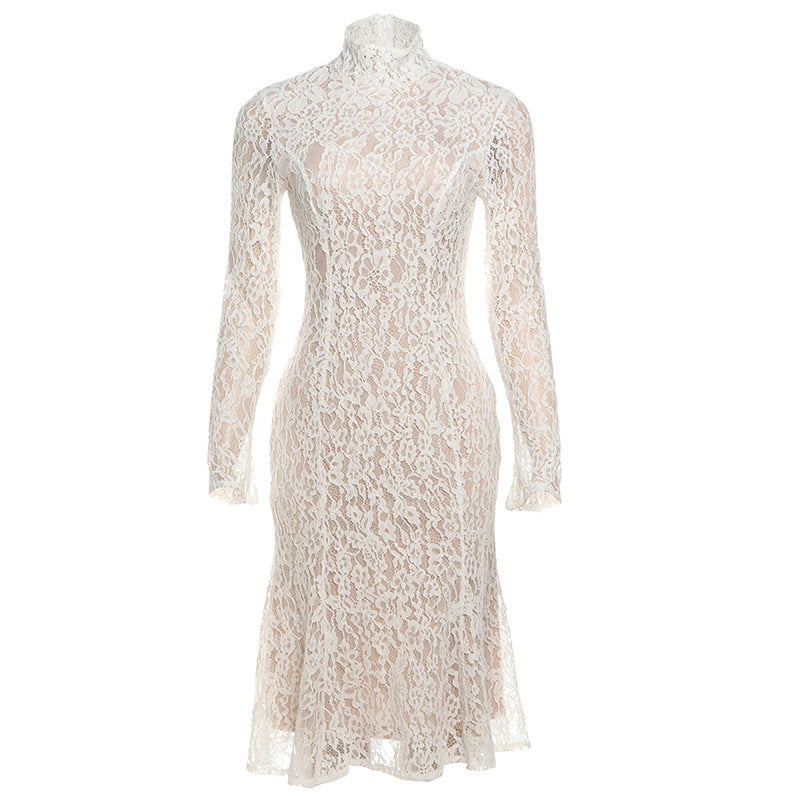 Elegant long-sleeved white lace dress from the French Lace Dress collection in fashion ملابس