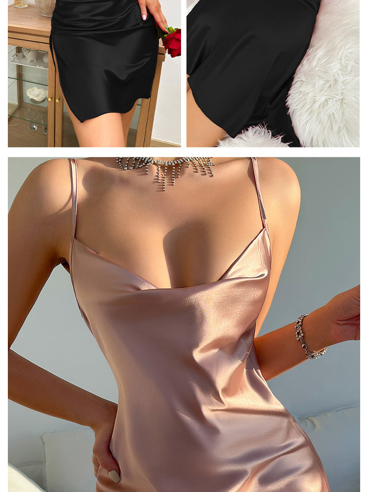 Sleek langry fashion rose gold satin slip nightdress with high slit