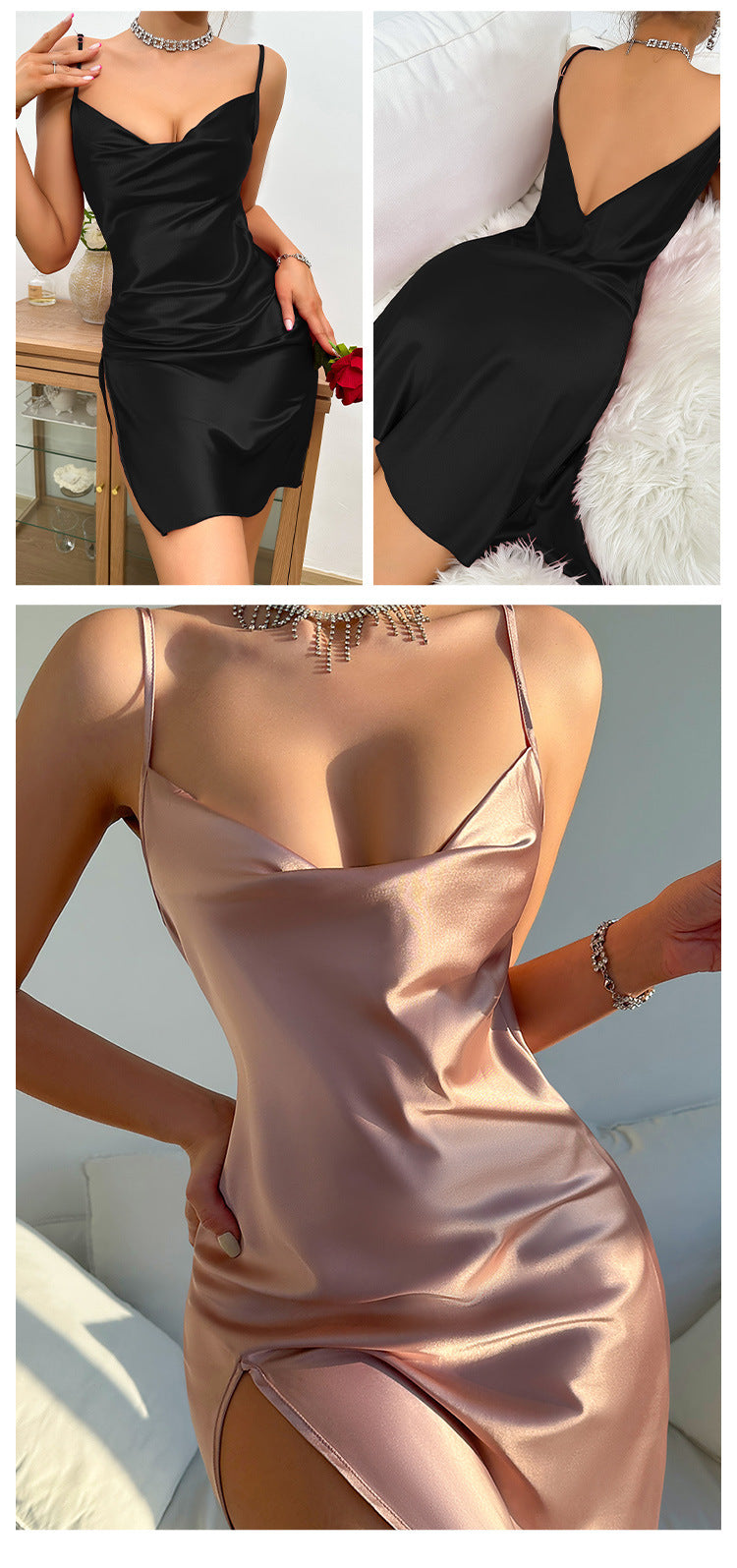 Sleek langry fashion rose gold satin slip nightdress with high slit