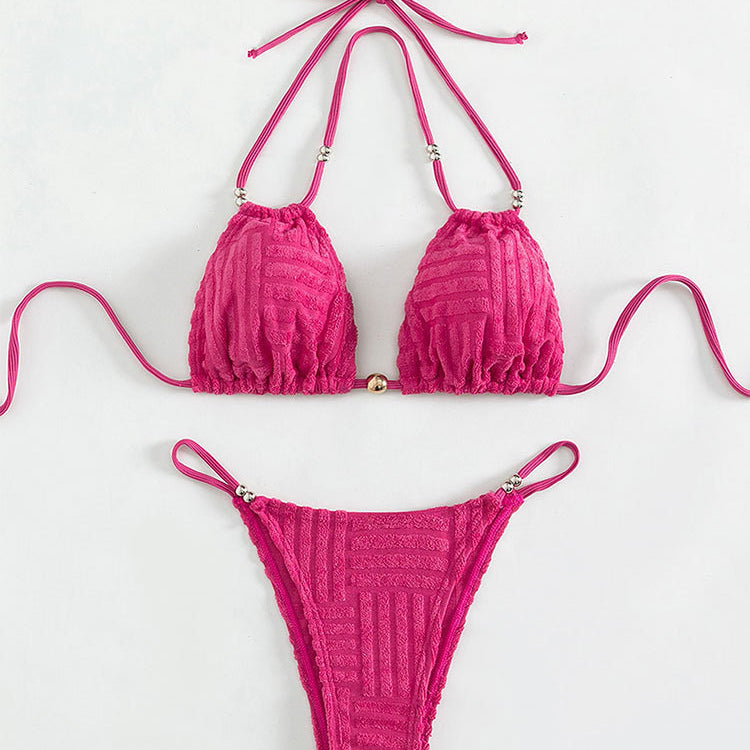 Fuchsia textured beach beauty bikini with solid color backless and high waist design