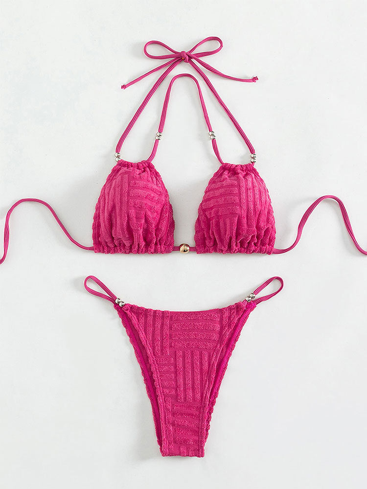 Fuchsia textured beach beauty bikini with solid color backless and high waist design