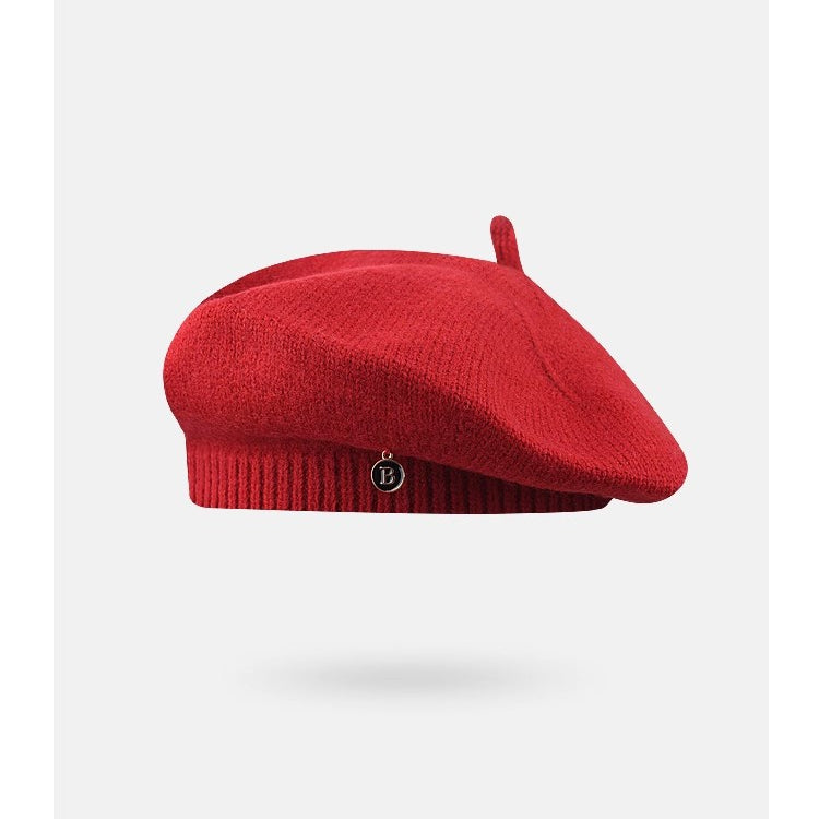 Red knitted beret with charm from Knitted Korean Small Painter Cloud Hat, fashionable ملابس