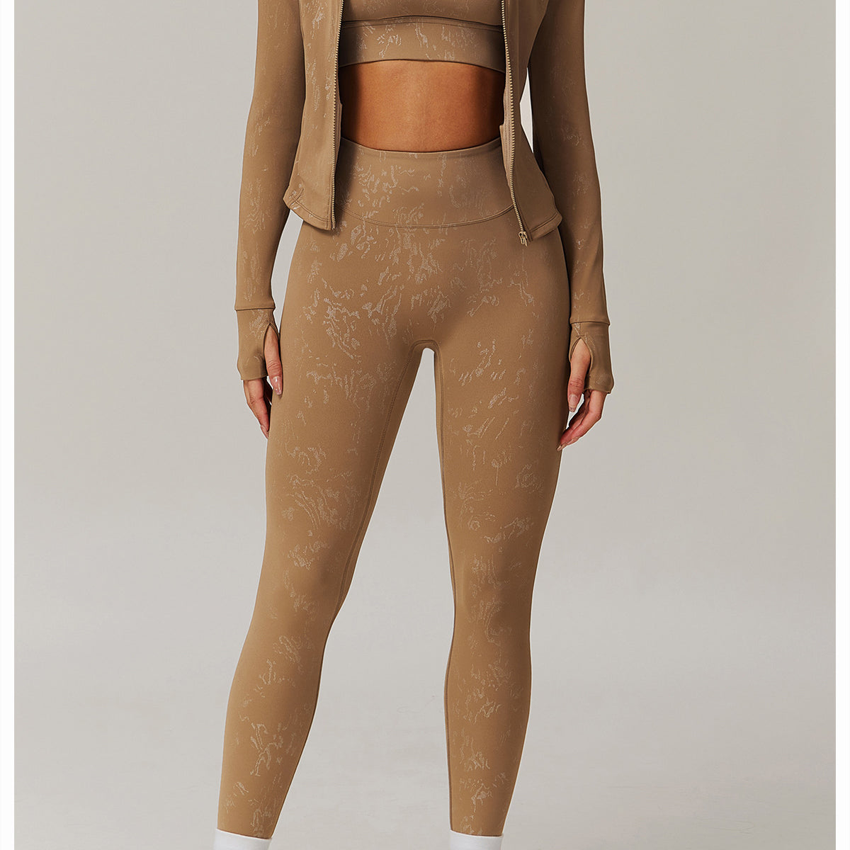 Langry fashion women’s quick drying breathable yoga wear coat in warm tan with embossed pattern