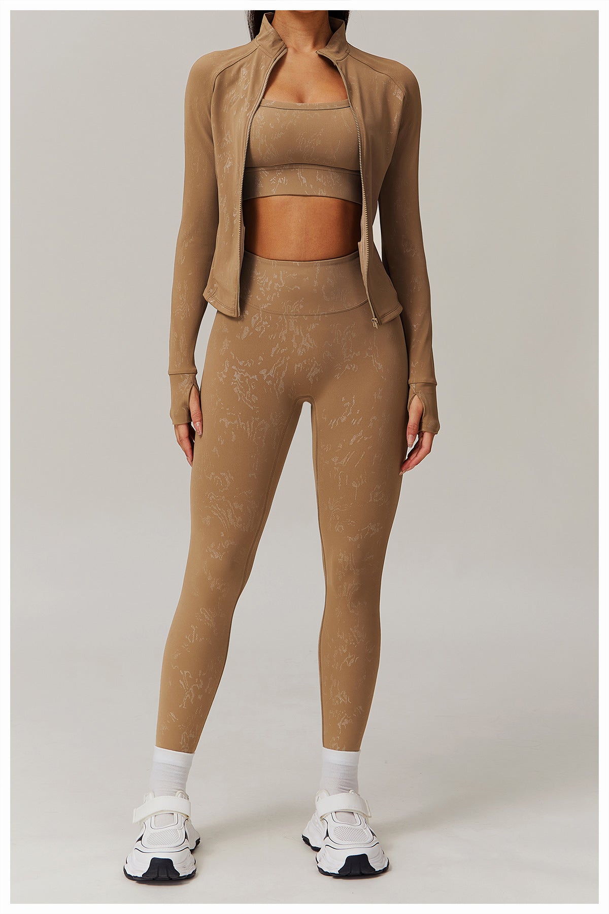 Langry fashion women’s quick drying breathable yoga wear coat in warm tan with embossed pattern