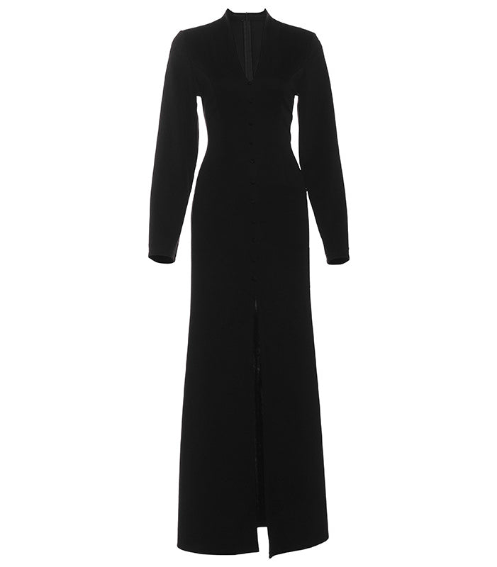 Autumn French high-waist langry fashion dress with black high-neck, long sleeves, side slit, and buttons