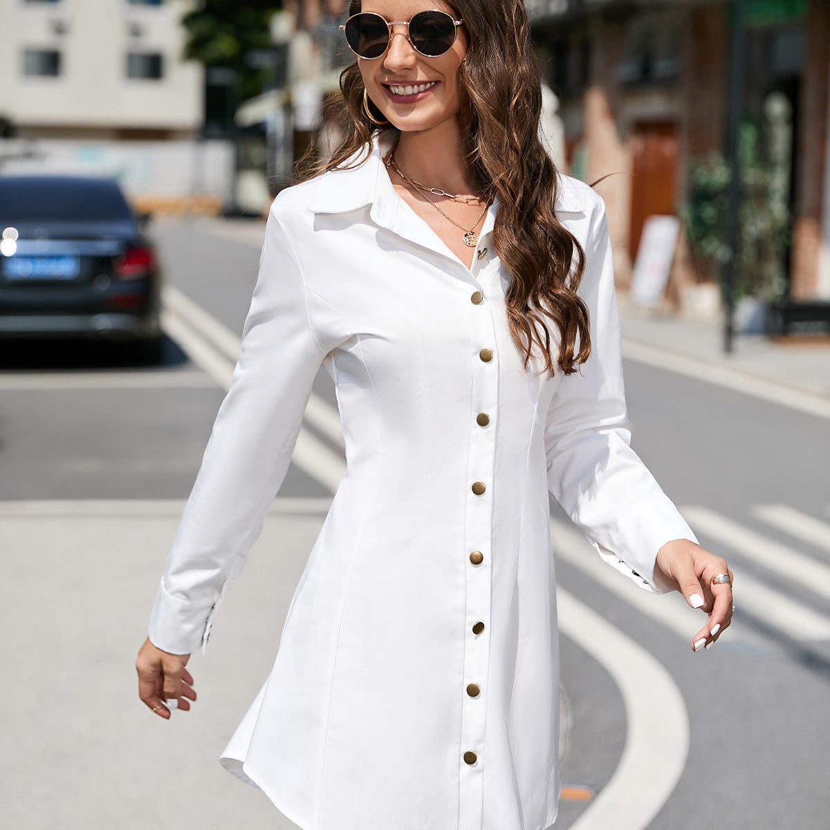 White Button-Down Shirt Dress from Beautiful Short Long Sleeve Dress collection in fashion