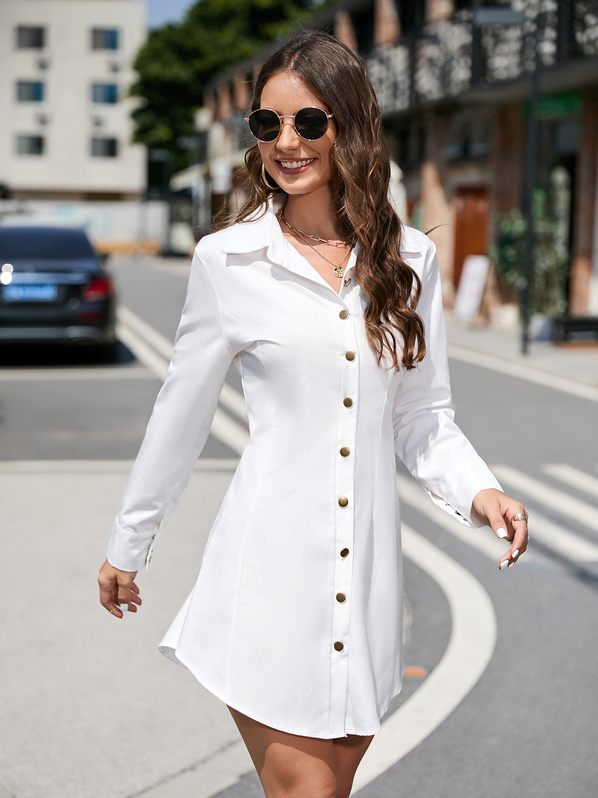 White Button-Down Shirt Dress from Beautiful Short Long Sleeve Dress collection in fashion