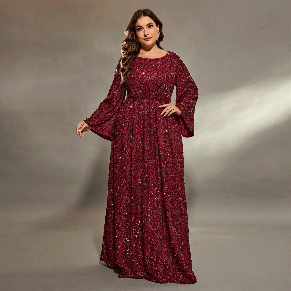 Elegant Burgundy sequined maxi dress from Extra Flattering Evening Dress collection showcasing fashion and ملابس sophistication