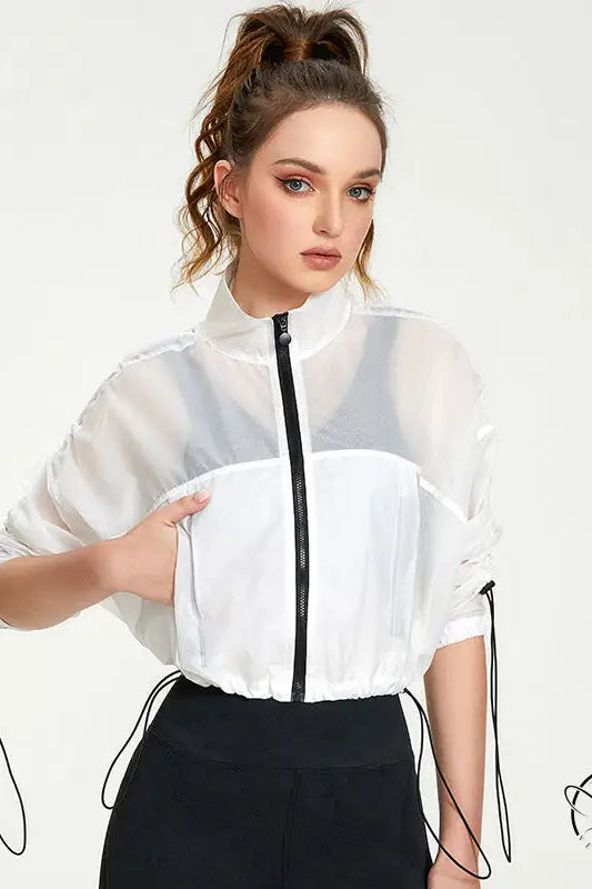 White sheer casual loose cardigan athletic jacket for yoga