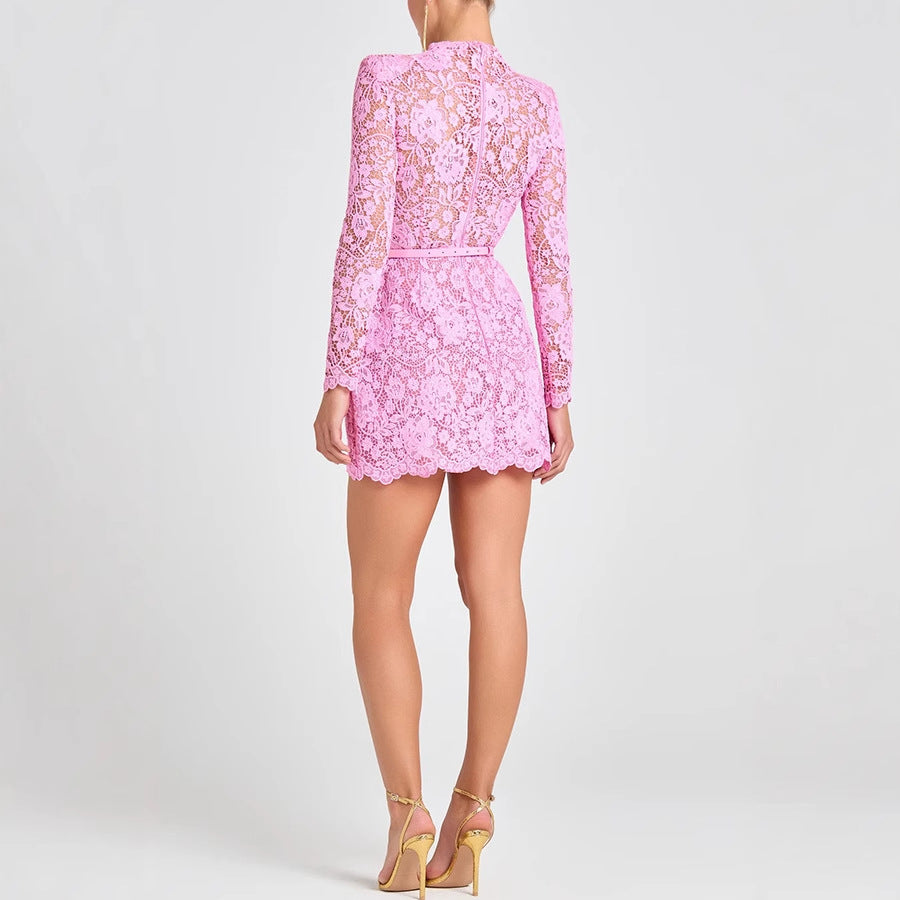 Lace Sheer Cutout Belt Slim Fit Long Sleeve Short Dress