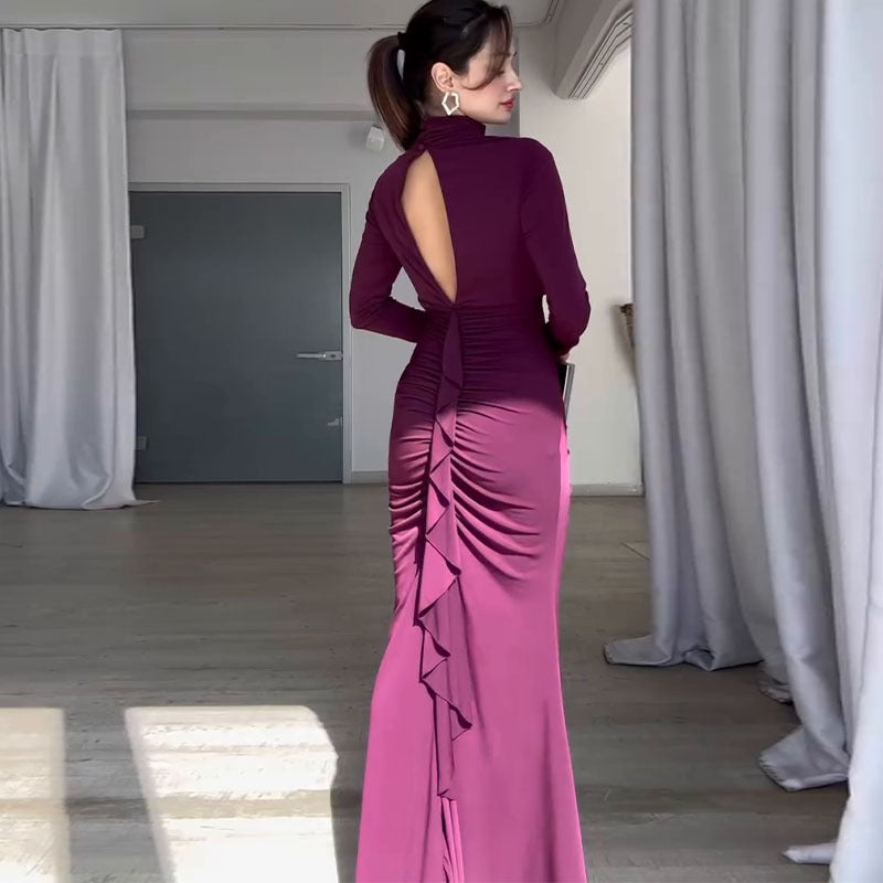 Langry fashion long-sleeved purple gown with open back, stylish ملابس for special occasions