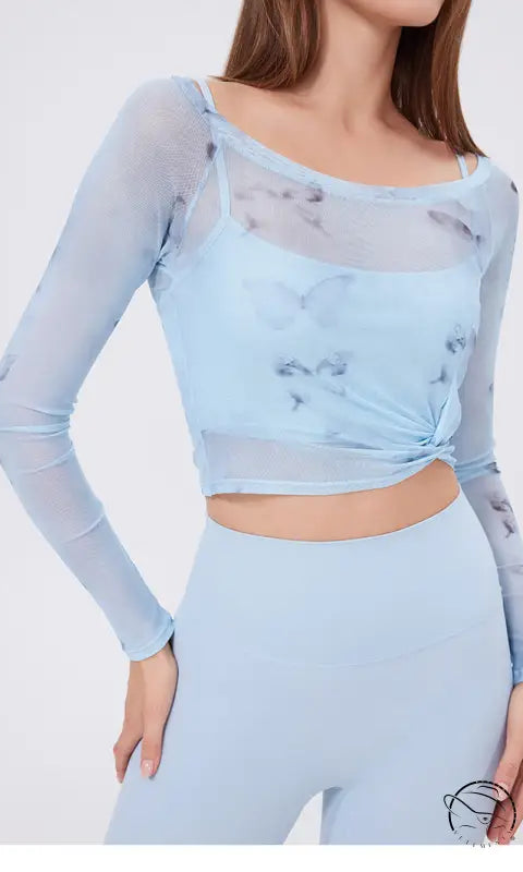 Floral Butterfly Faux Two Piece Sports t Shirt Women Long Sleeve with Chest Pad Yoga Clothes Mesh Top Quick Drying