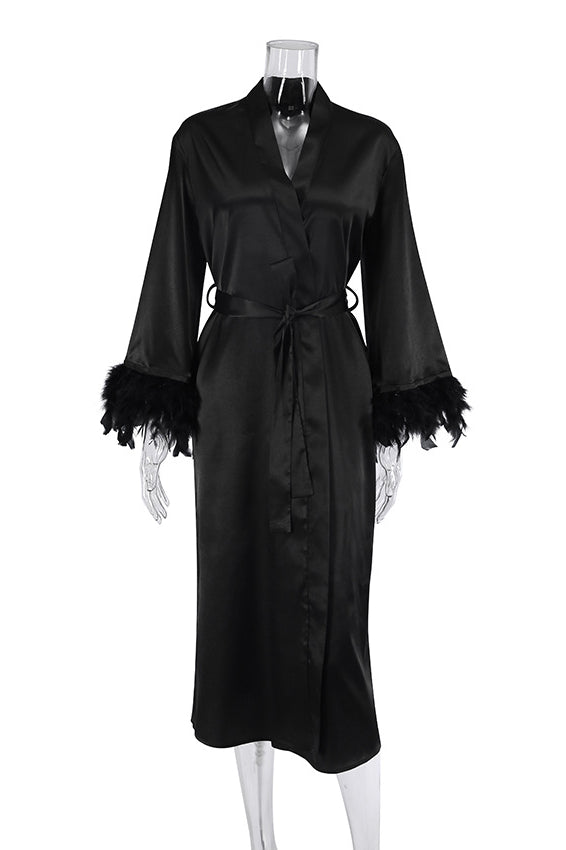 Elegant langry black satin robe with feather trim and lace detailing