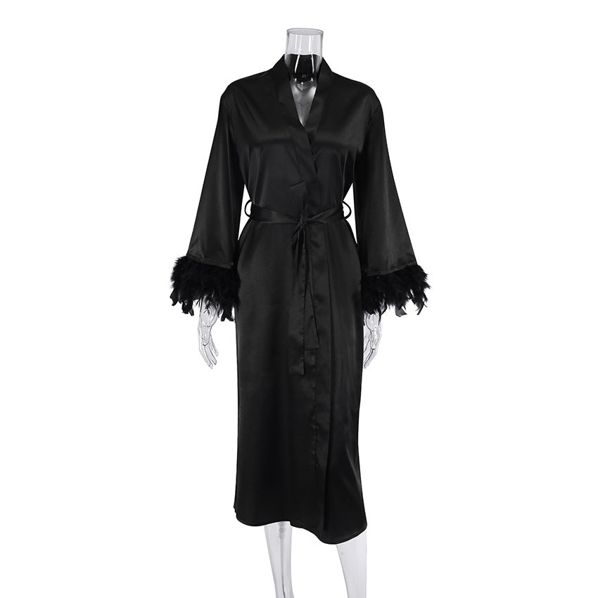 Elegant langry black satin robe with feather trim and lace detailing