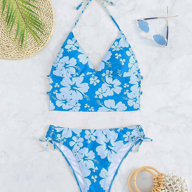 Blue floral halter bikini with suspenders printed high waist and high waist rope design