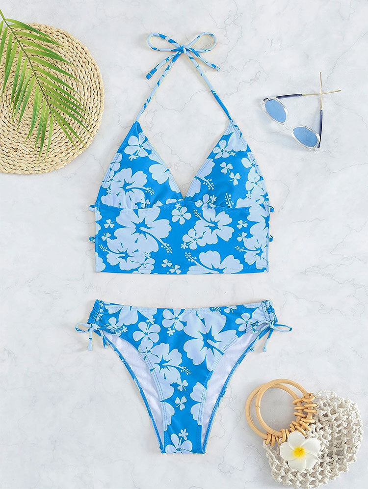 Blue floral halter bikini with suspenders printed high waist and high waist rope design