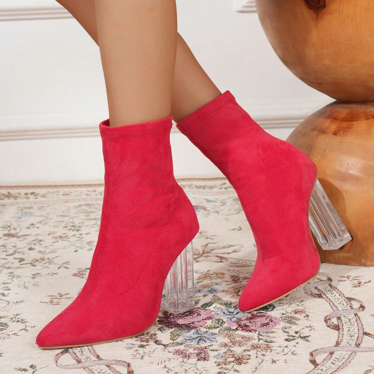 Red suede ankle boots with clear acrylic heels from the Winter Crystal Heel Mid Boots collection