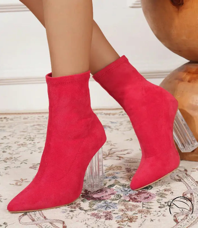 Red suede winter crystal heel mid boots with clear acrylic heels
