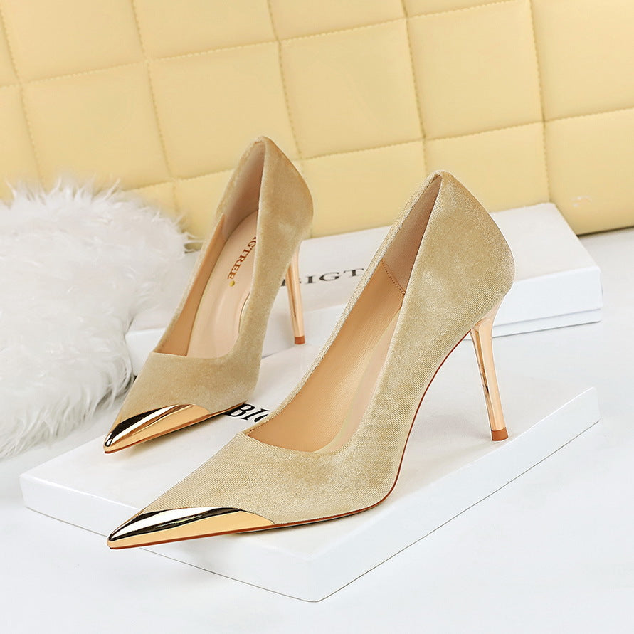 Beige suede pumps with gold caps, perfect for Cocktail Luxury High Heels fashion