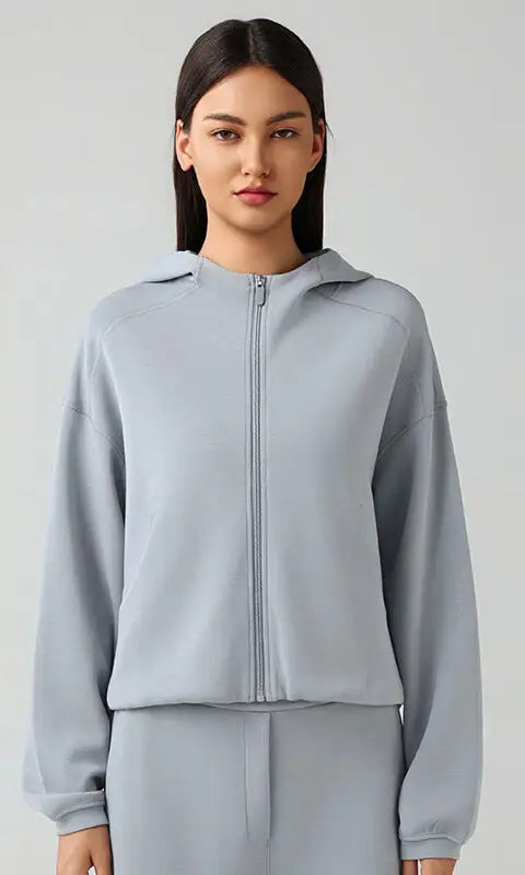 Light blue hooded zip cardigan coat for women, loose fit autumn style