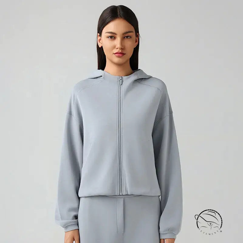Light blue hooded zip cardigan coat for women, loose fit autumn style