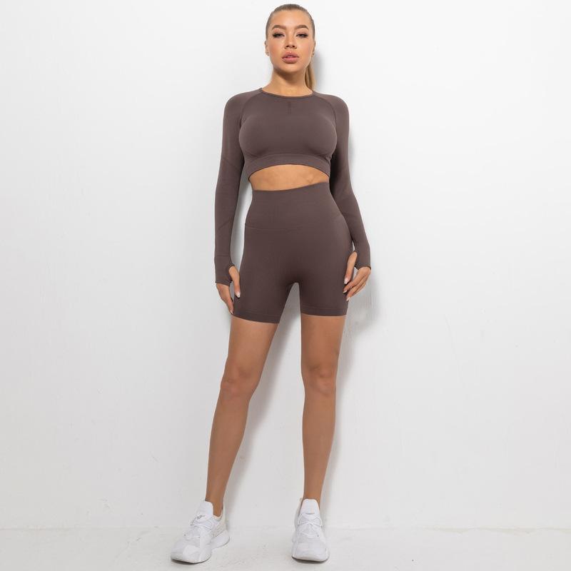 Seamless Pleated Peach Hip Long Sleeve Yoga Suit