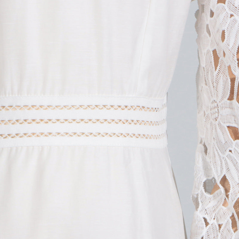 White lace-sleeved maxi dress with waist detail, ideal for summer fashion