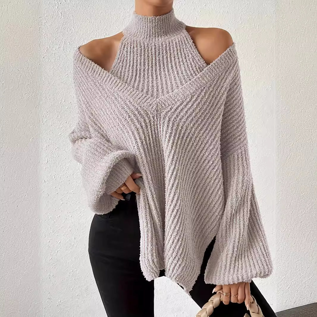 Gray open-shoulder knit sweater from Cozy Knitted Sweater, perfect for langry fashion and ملابس