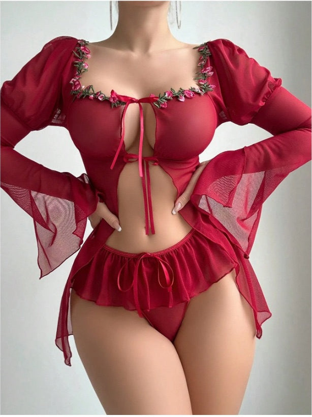 Elegant big red split skirt lingerie set in sheer mesh with floral embroidery