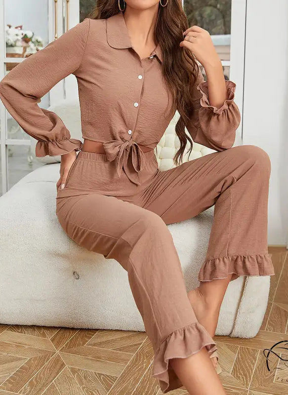 Women’s dusty pink ruffled cardigan long sleeve pants set