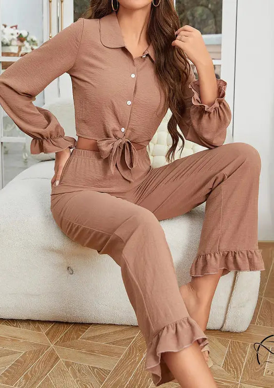 Women’s dusty pink ruffled cardigan long sleeve pants set
