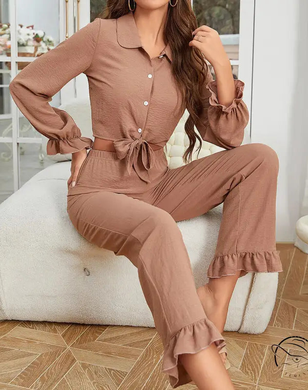 Women’s dusty pink ruffled cardigan long sleeve pants set