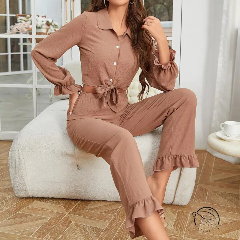 Women’s dusty pink ruffled cardigan long sleeve pants set