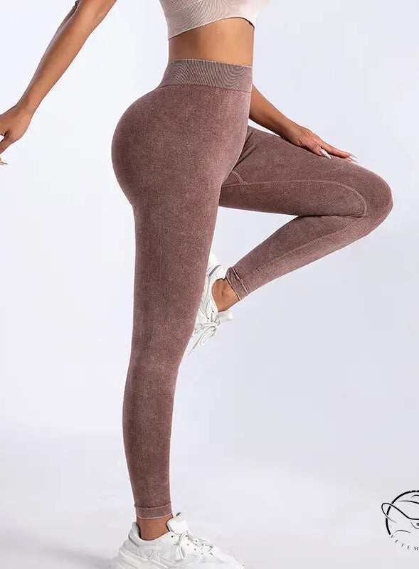 Brown washed seamless yoga trousers with textured high-waisted design