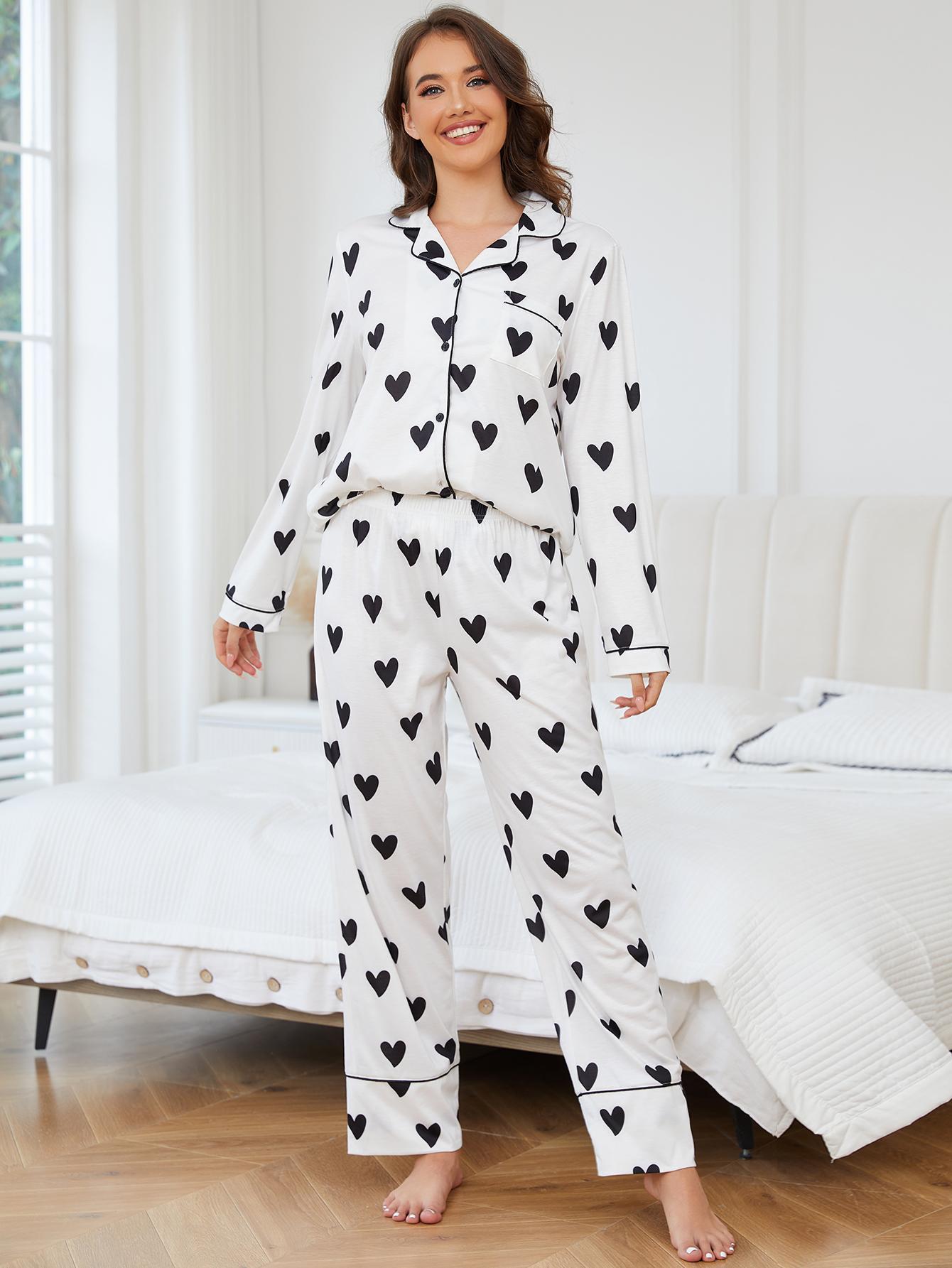 White pajamas with black hearts, stylish women’s fashion home wear for autumn winter