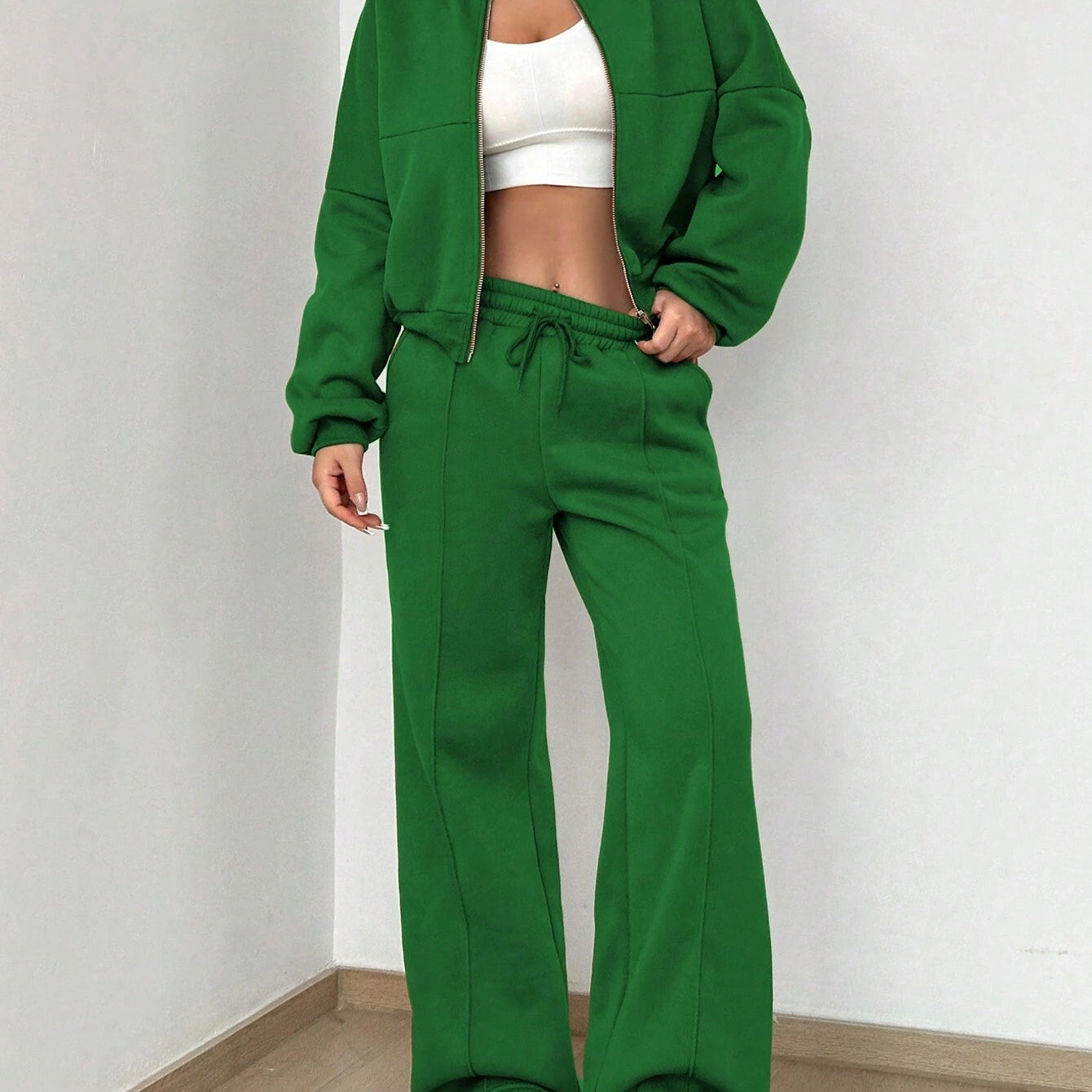 Green tracksuit with white crop top in Trendy Cardigan Two Piece Set for stylish ملابس