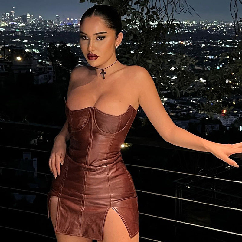 Faux leather brown strapless mini dress from Langry Fashion, stylish sheath design
